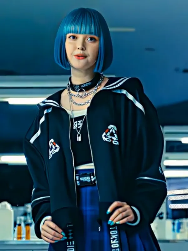 Morikage Rei black cropped bomber jacket with white graphic logo and sleeve trim